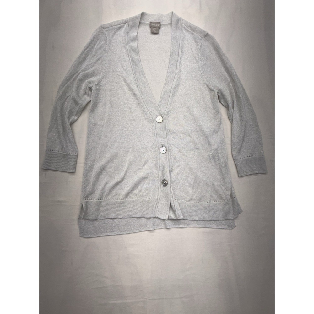 Chicos Women's Shell Button Thin Cardigan Sweater Size 0 3/4 Sleeves Silver